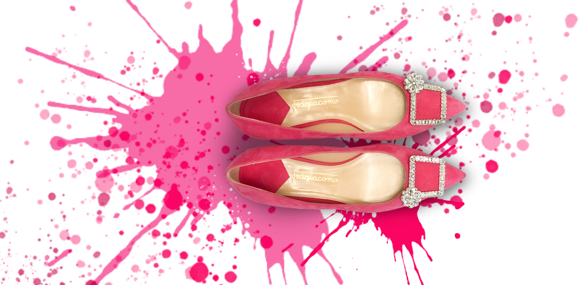 Fuchsia suede ballerinas with crystal buckle 'Crystal Candy' on a colored background