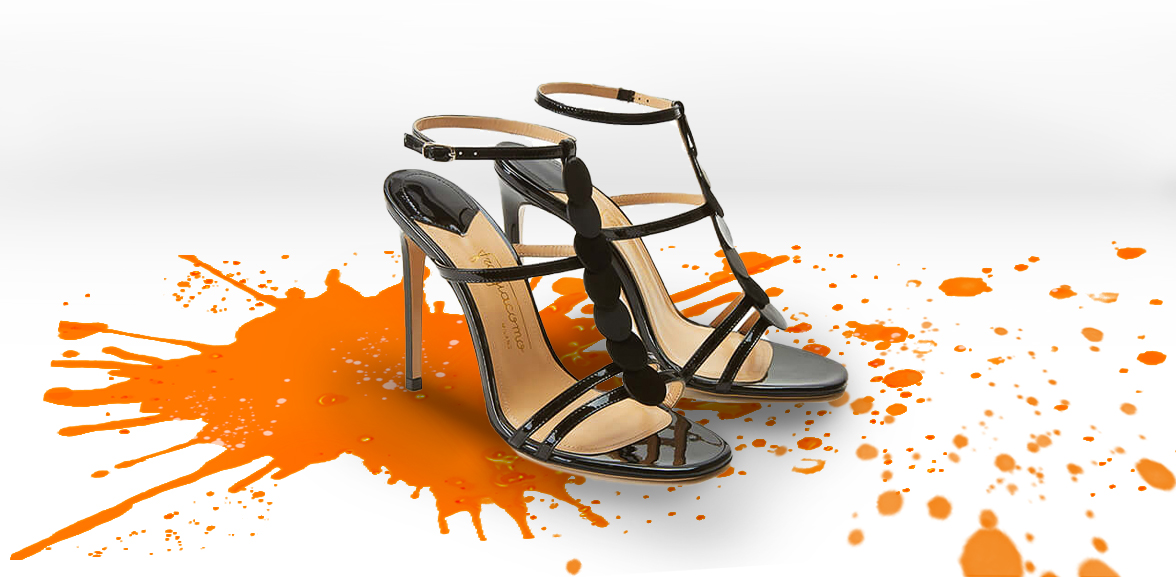 Fragiacomo sandals and mules collection Black high heel sandals with ankle strap and discs on a colored background