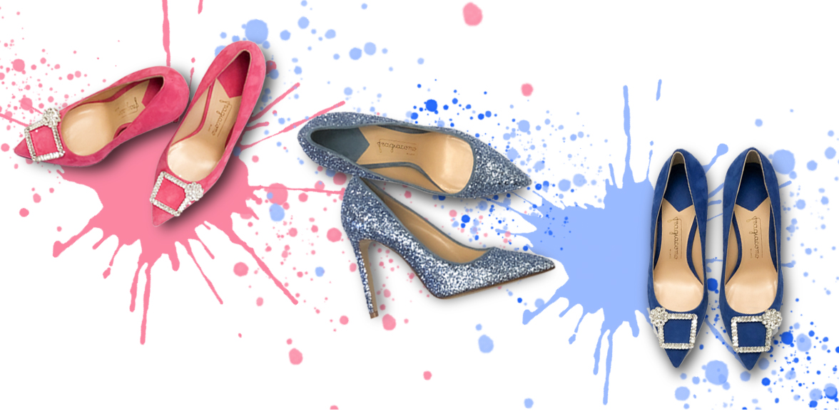 Light blu Glitter Candy, Electric blu and fuchsia Crystal Candy pumps with high heel on a colored background