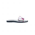 Sandali bassi in pelle laminata argento fatti a mano in Italia con stampa floreale fucsia, modello da donna by Fragiacomo