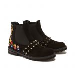 Black suede ankle boots hand made in Italy with studs and embroidery, women's model by Fragiacomo, side view