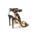 Black leather high heel sandals with embroidered straps, back view