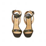 Black leather high heel sandals with embroidered straps, over view