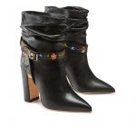 Black nappa leather ankle boots with embroidered straps hand made in Italy, women's model by Fragiacomo, side view
