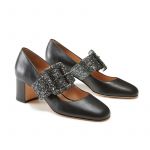 Black nappa leather Mary Jane shoes with glitter strap hand made in Italy, women's model by Fragiacomo, side view