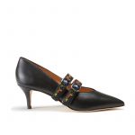 Black nappa leather pumps with embroidered straps hand made in Italy, women's model by Fragiacomo