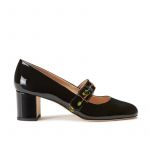 Black patent leather Mary Jane shoes with embroidered floral strap hand made in Italy, women's model by Fragiacomo