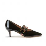 Black patent leather pumps with embroidered straps hand made in Italy, women's model by Fragiacomo