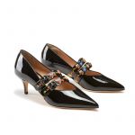 Black patent leather pumps with embroidered straps hand made in Italy, women's model by Fragiacomo, side view