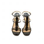 Black patent leather sandals with ankle strap, leather discs and high heel 100mm, SS19 collection by Fragiacomo, over view