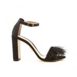 Black satin sandals with feathers on the front part, ankle strap and chunky 100 mm heel