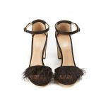 Black satin sandals with feathers on the front part, ankle strap and chunky 100 mm heel