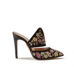 Black satin mules with floral embroidery, elegant, women's by Fragiacomo