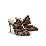 Black satin mules with floral embroidery, elegant, women's by Fragiacomo, side view