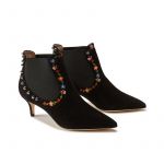 Black suede ankle boots hand made in Italy with studs and floral embroidery, women's model by Fragiacomo, side view