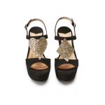 Black suede platform sandals with gold glitter symbols hand made in Italy, women's model by Fragiacomo