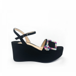 Black suede platform sandals with multicolor crystal buckle hand made in Italy, women's model by Fragiacomo