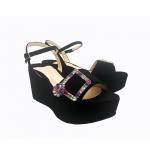 Black suede platform sandals with multicolor crystal buckle hand made in Italy, women's model by Fragiacomo