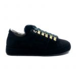 Black suede sneakers with black fur tongue hand made in Italy, women's model by Fragiacomo
