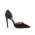 Black velvet pumps with embroidery ton sur ton on the point and satin on the back part, elegant women's, by Fragiacomo