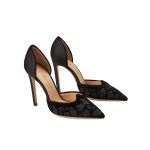 Black velvet pumps with embroidery ton sur ton on the point and satin on the back part, elegant women's, by Fragiacomo, side view