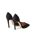 Black velvet pumps with embroidery ton sur ton on the point and satin on the back part, elegant women's, by Fragiacomo, back view