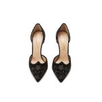 Black velvet pumps with embroidery ton sur ton on the point and satin on the back part, elegant women's, by Fragiacomo, over view