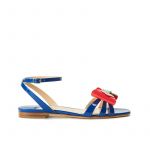 Blue patent leather flat sandals with ankle strap and multicolor bow, SS19 collection by Fragiacomo
