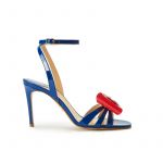Blue patent leather high heel sandals with ankle strap and multicolor bow, SS19 collection by Fragiacomo
