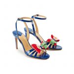 Blue patent leather high heel sandals with ankle strap and multicolor bow, SS19 collection by Fragiacomo, side view
