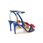 Blue patent leather high heel sandals with ankle strap and multicolor bow, SS19 collection by Fragiacomo, back view