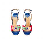 Blue patent leather high heel sandals with ankle strap and multicolor bow, SS19 collection by Fragiacomo, over view
