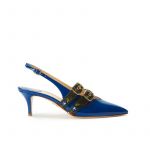 Blue patent leather slingbacks with embroidered straps and kitten heel, SS19 collection by Fragiacomo