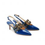 Blue patent leather slingbacks with embroidered straps and kitten heel, SS19 collection by Fragiacomo, side view