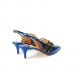 Blue patent leather slingbacks with embroidered straps and kitten heel, SS19 collection by Fragiacomo, back view