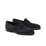 Blue suede penny loafers hand made in Italy, men's model by Fragiacomo, side view