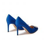 Blue suede pumps with crystal buckle hand made in Italy, women's model by Fragiacomo
