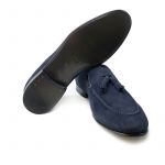 Blue suede tassel loafers with leather sole, hand made in Italy, elegant men's by Fragiacomo