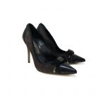 brown suede and patent leather pumps with bow, hand made in Italy, elegant woman's by Fragiacomo