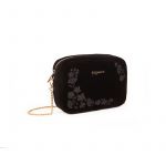 Camera bag in black velvet with floral embroidery and gold accessories woman