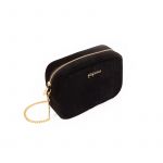 Camera bag in black velvet with gold accessories woman