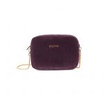 Camera bag in violet velvet with gold accessories woman