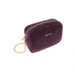 Camera bag in violet velvet with gold accessories woman
