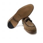 Cognac and dark brown suede tassel loafers with intrecciato texture, hand made in Italy, elegant men's by Fragiacomo