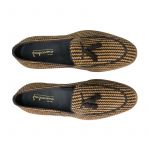 Cognac and dark brown suede tassel loafers with intrecciato texture, hand made in Italy, elegant men's by Fragiacomo