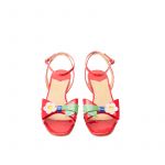 Coral red patent leather flat sandals with ankle strap and multicolor bow, SS19 collection by Fragiacomo, over view