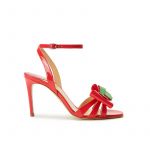 Coral red patent leather high heel sandals with ankle strap and multicolor bow, SS19 collection by Fragiacomo