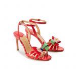 Coral red patent leather high heel sandals with ankle strap and multicolor bow, SS19 collection by Fragiacomo, side view
