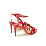 Coral red patent leather high heel sandals with ankle strap and multicolor bow, SS19 collection by Fragiacomo, back view