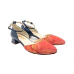 Dark blue leather low heel pumps with feathers print hand made in Italy, women's model by Fragiacomo